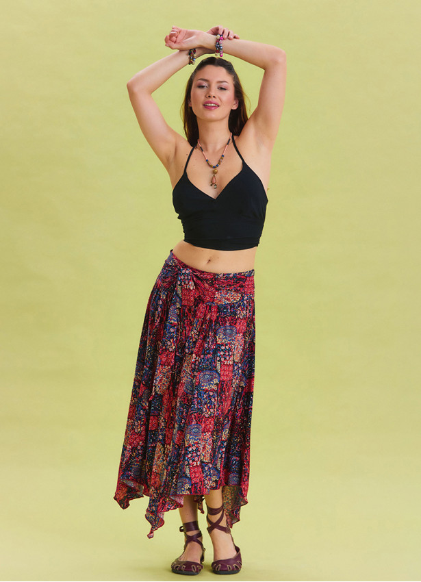 Red Casual Skirt with Gipe Detail and Tied Waist 4504